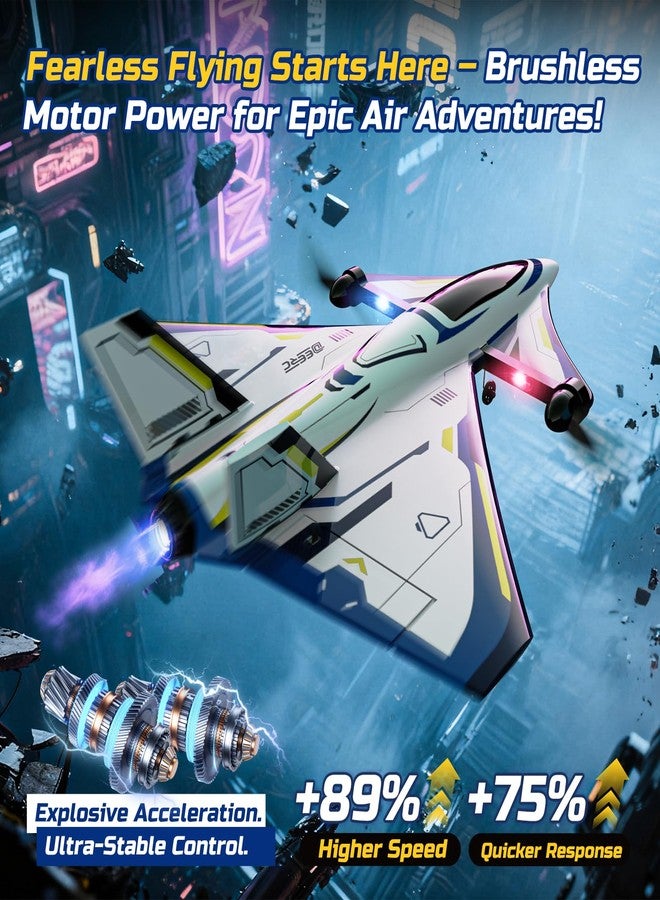 ديرك طائرة DEERC رباعية القنوات بدون فرش للتحكم عن بعد، طائرة هواية نفاثة تعمل بالتحكم عن بعد بتصميم خيال علمي مع أضواء LED، جاهزة للطيران، طائرة شراعية EPP بتردد 2.4 جيجاهرتز مع مثبت جيروسكوبي سداسي المحاور، مناسبة للبالغين من المبتدئين إلى المحترفين. - Image 2